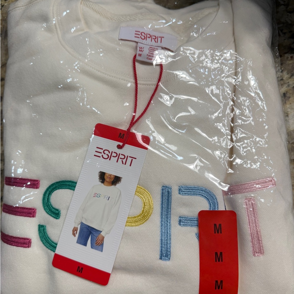 Esprit Cream Crewneck Sweatshirt with Multicolor Embroidered Logo